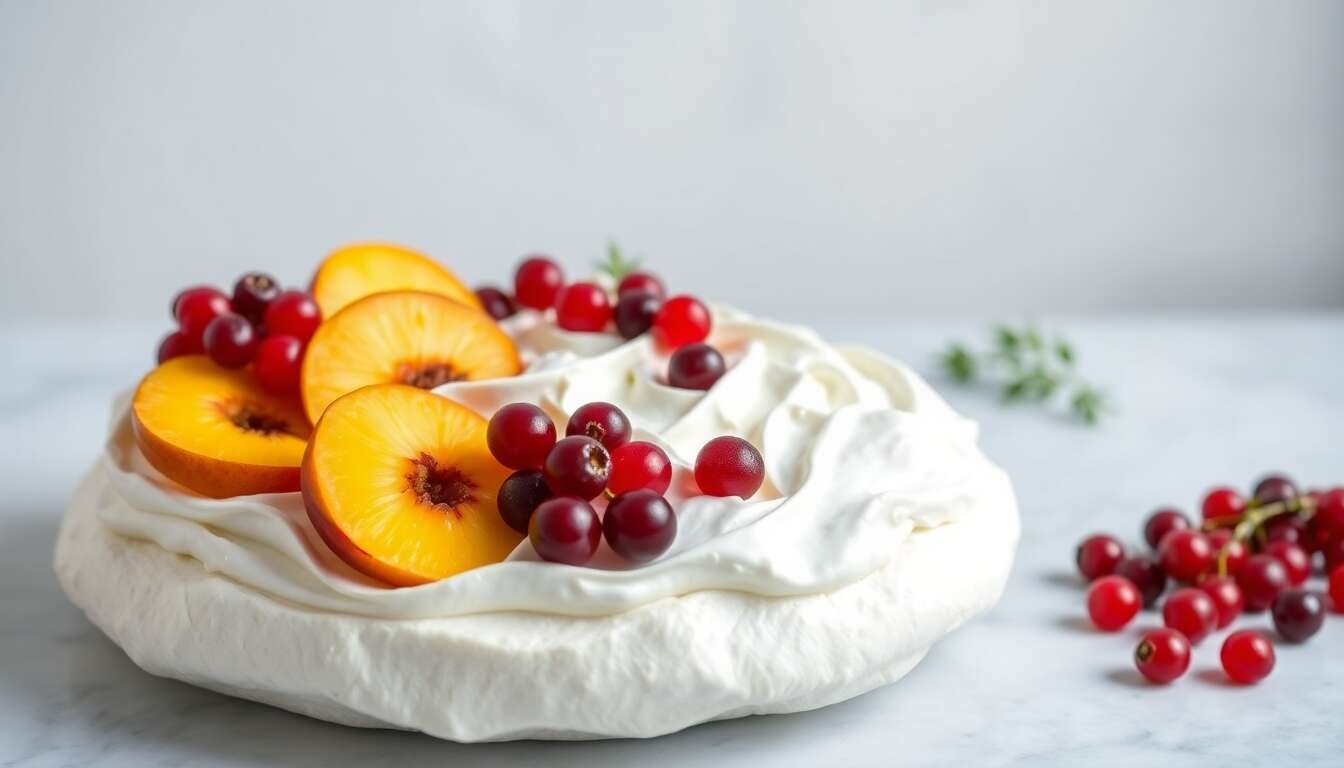 Pavlova groseilles, pêches et verveine citronnelle