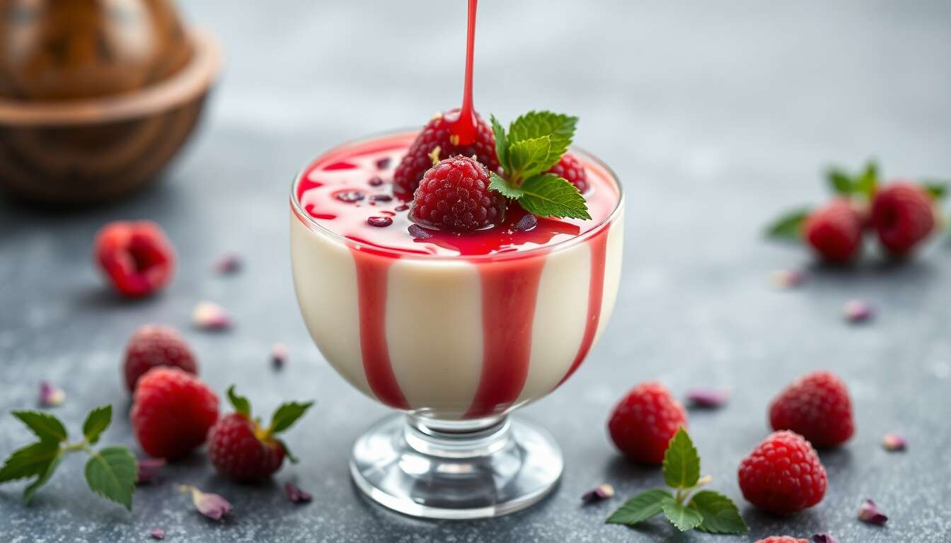 Panna cotta lait d'amande, mousse framboise et coulis hibiscus : une gourmandise irrésistible