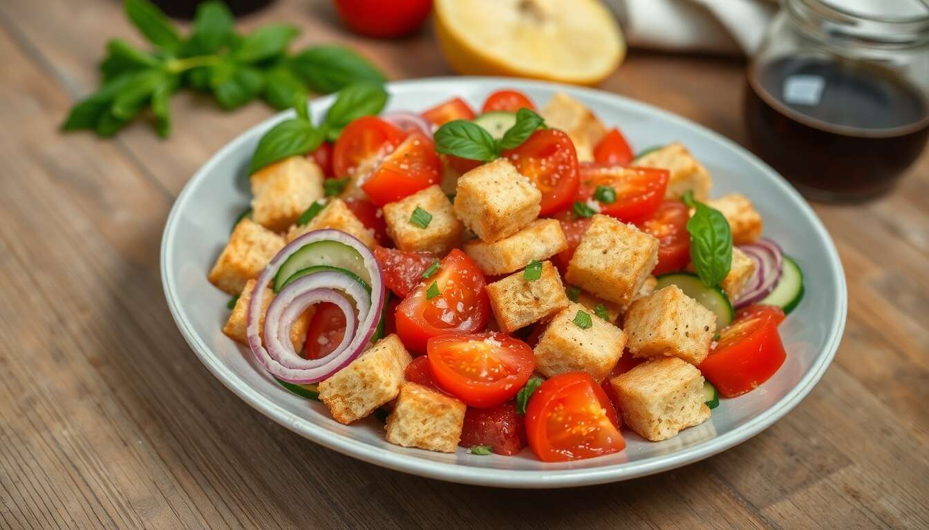 Recette authentique de la panzanella : salade de tomate, concombre et pain dur