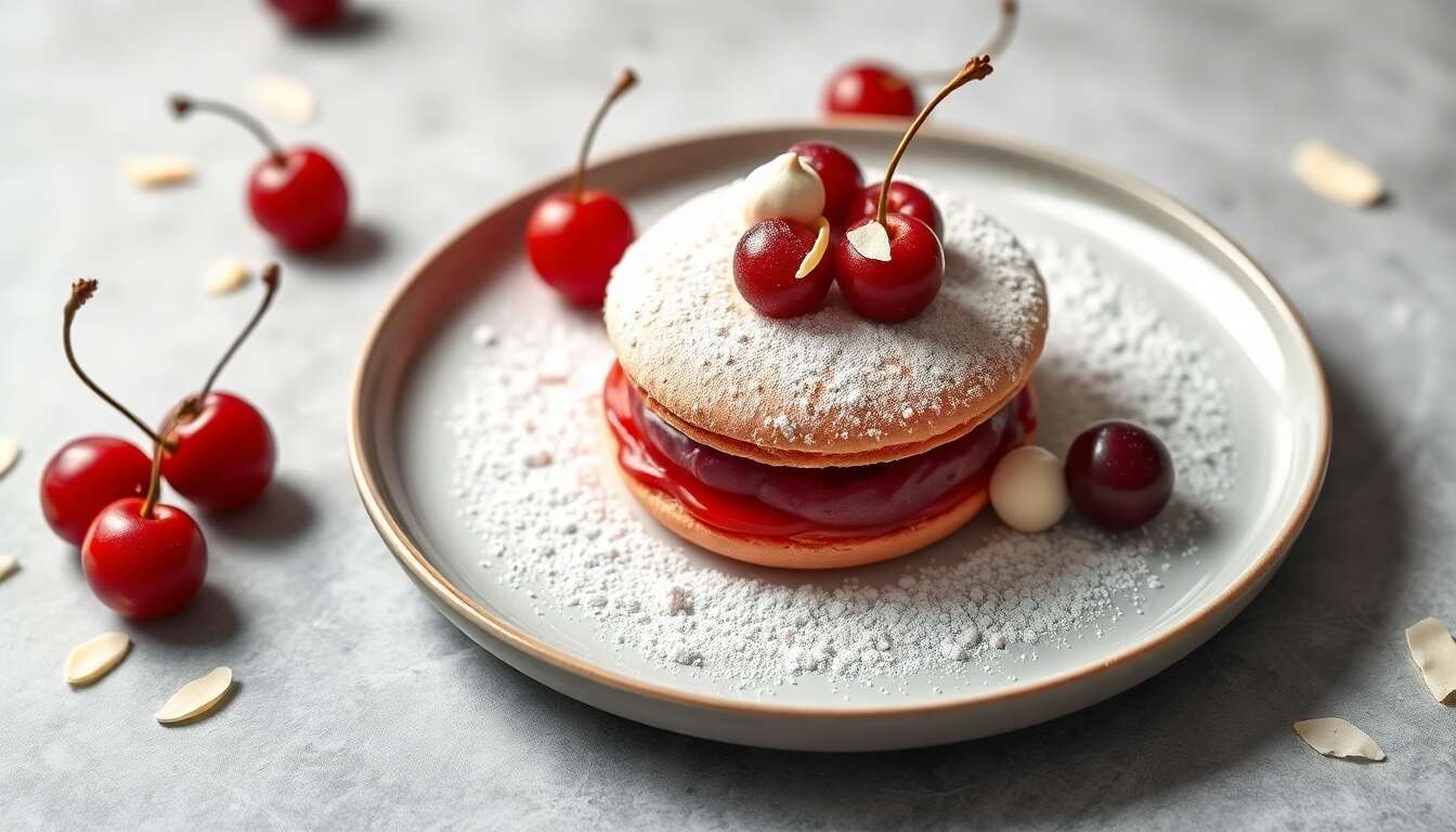 Entremets macaron, compotée de cerises et ganache à l'amande amère