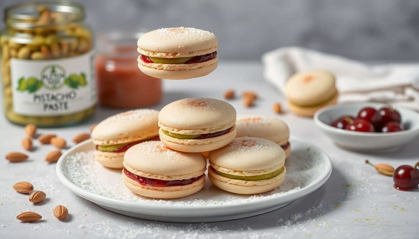 Macarons sans gluten pistache-griotte : recette gourmande