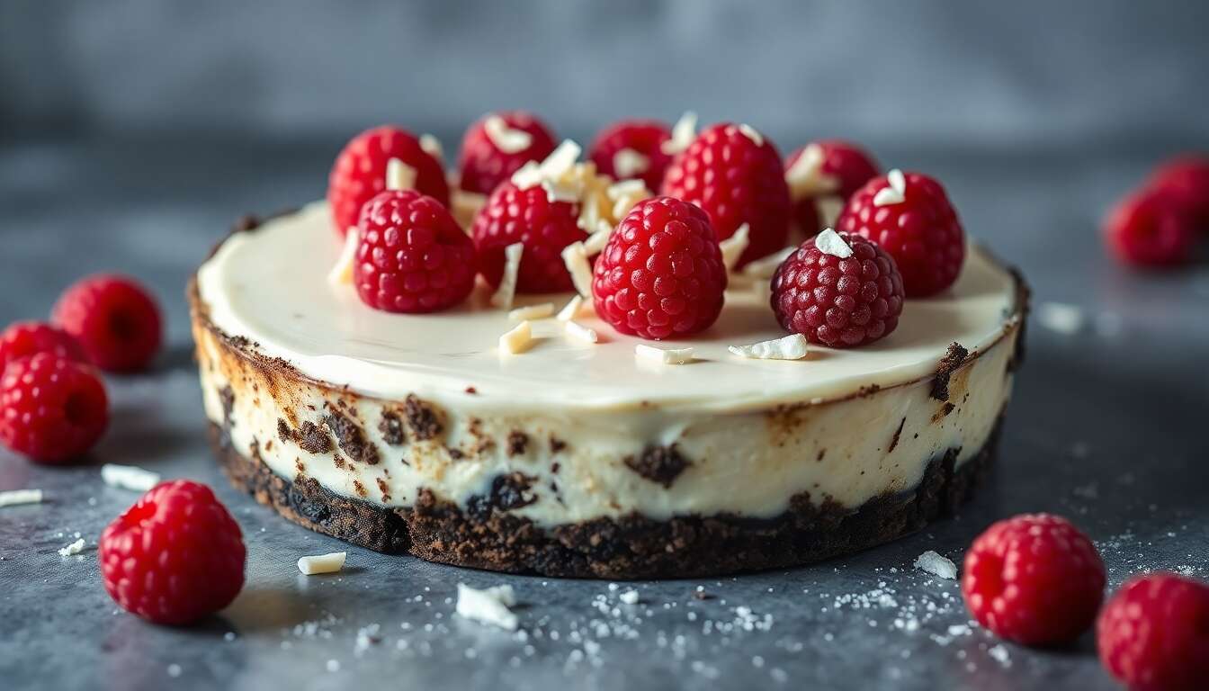 Tarte cheesecake sans cuisson : oreos, mascarpone, chocolat blanc et framboises fraîches