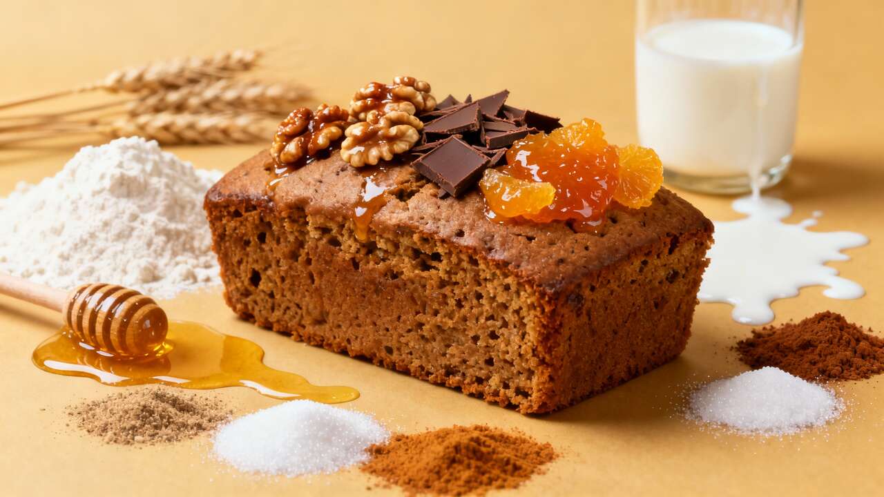 Pain d'épices moelleux : marmelade, chocolat au lait et noix caramélisées