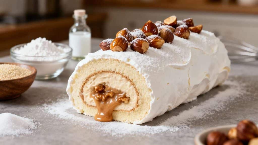 Pavlova roulée au praliné : recette gourmande de meringue