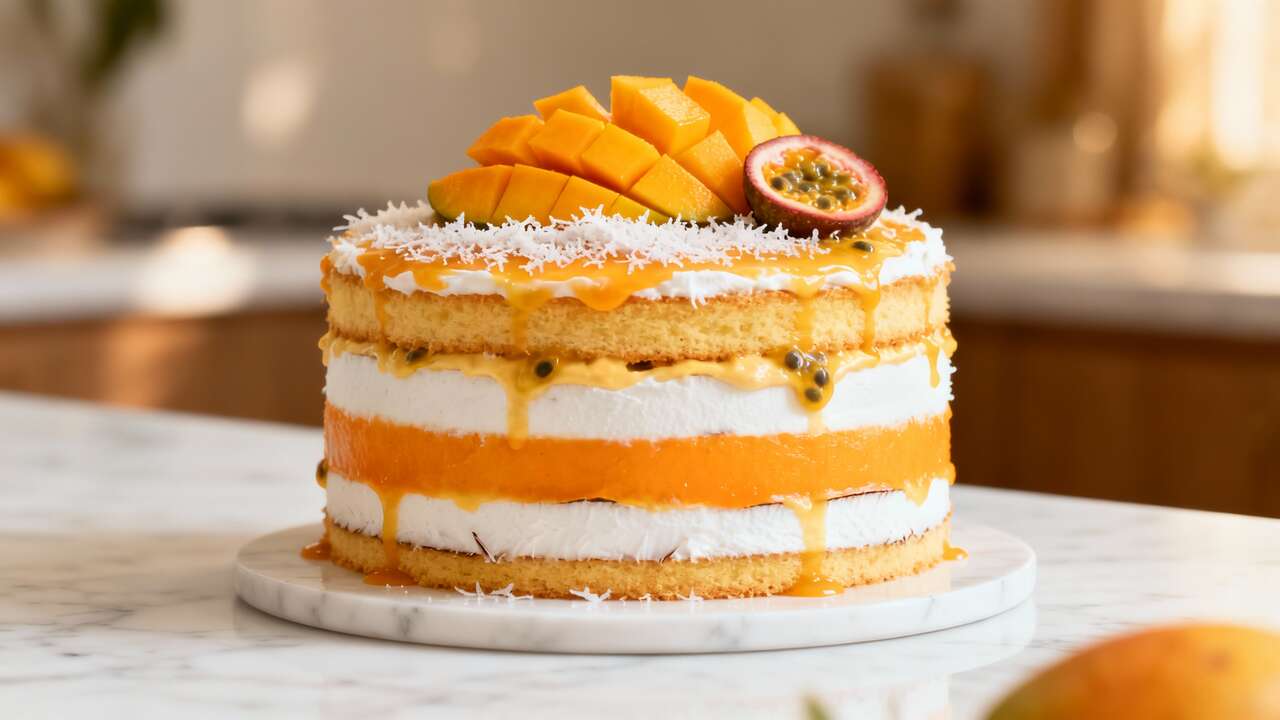 Layer Cake exotique : coco, mangue et passion