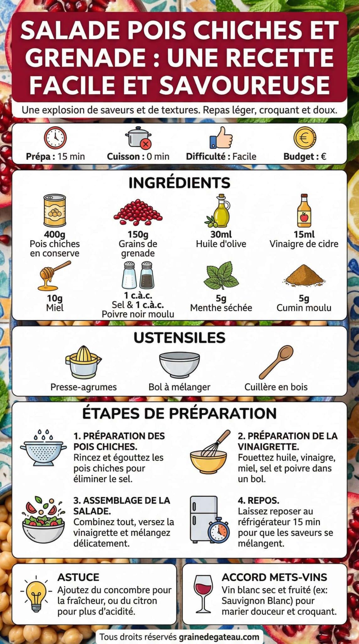 Infographie de la recette Salade pois chiches et grenade : une recette facile et savoureuse