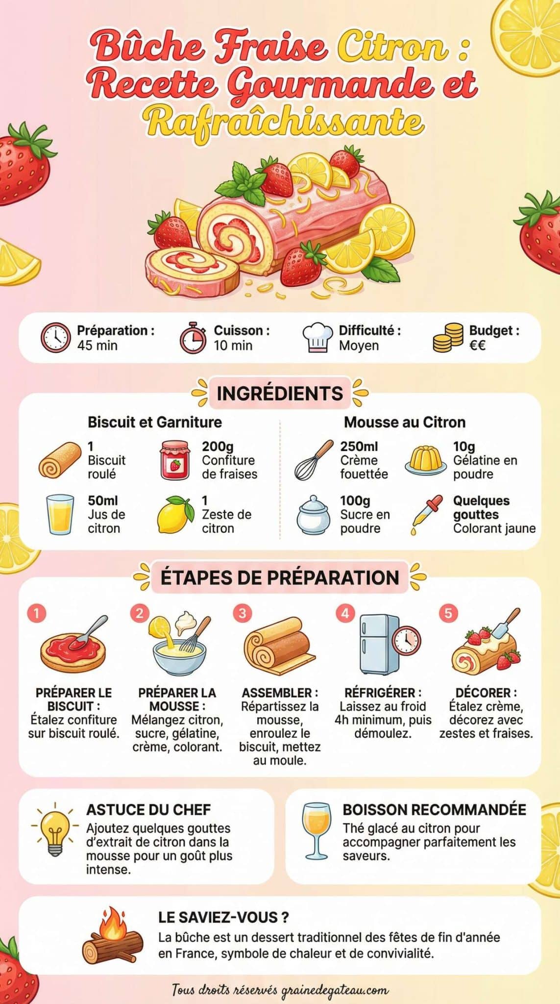 Infographie de la recette B&ucirc;che Fraise Citron : recette Gourmande et Rafra&icirc;chissante