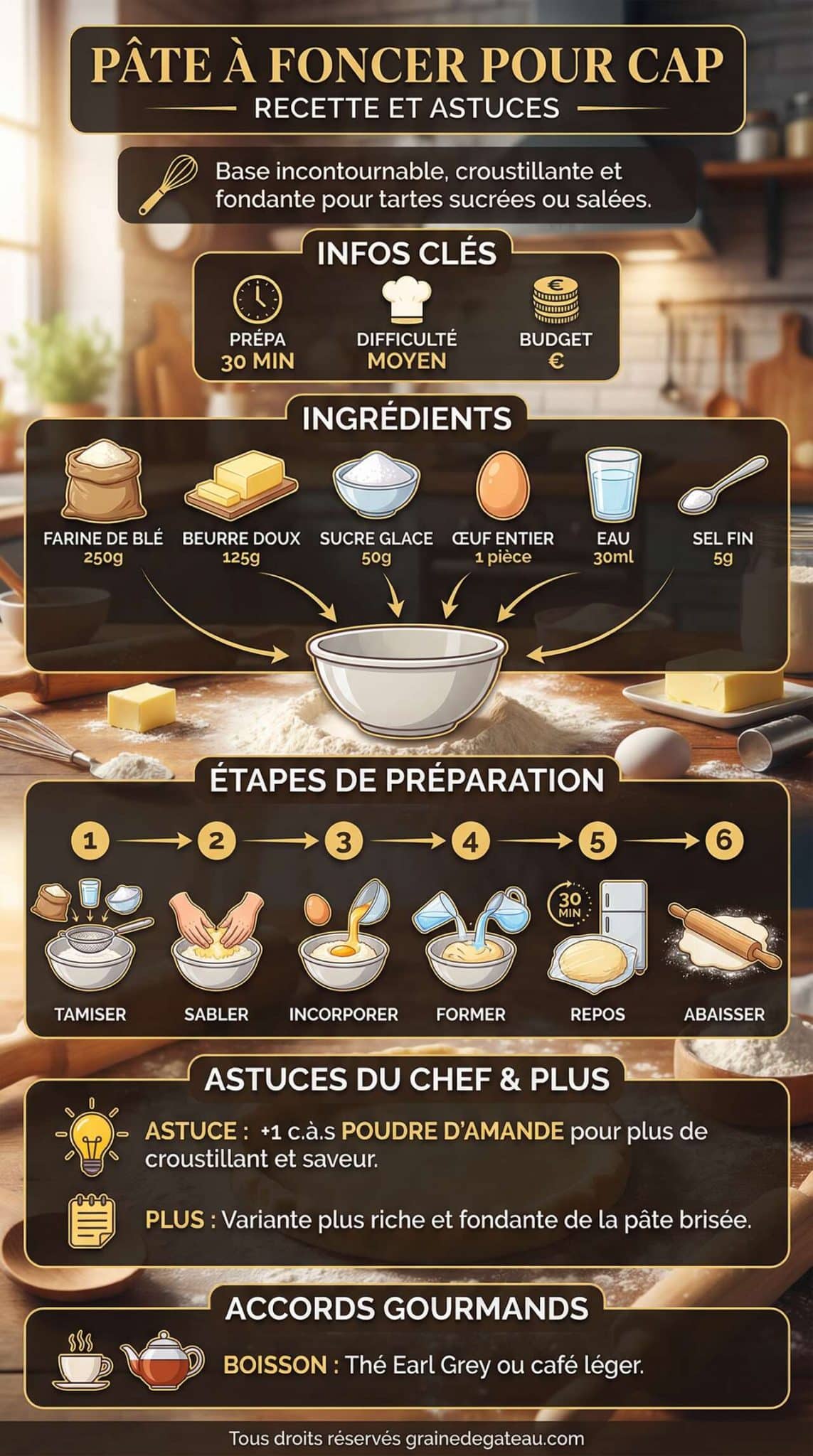 Infographie de la recette P&acirc;te &agrave; foncer pour CAP : recette et astuces