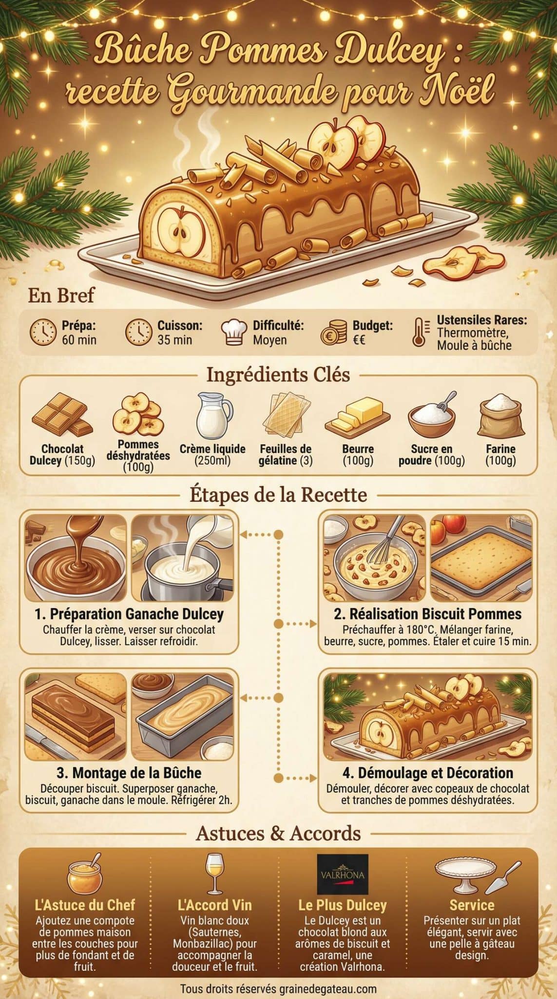 Infographie de la recette Bûche Pommes Dulcey : recette Gourmande pour Noël Infographie de la recette Bûche Pommes Dulcey : recette Gourmande pour Noël