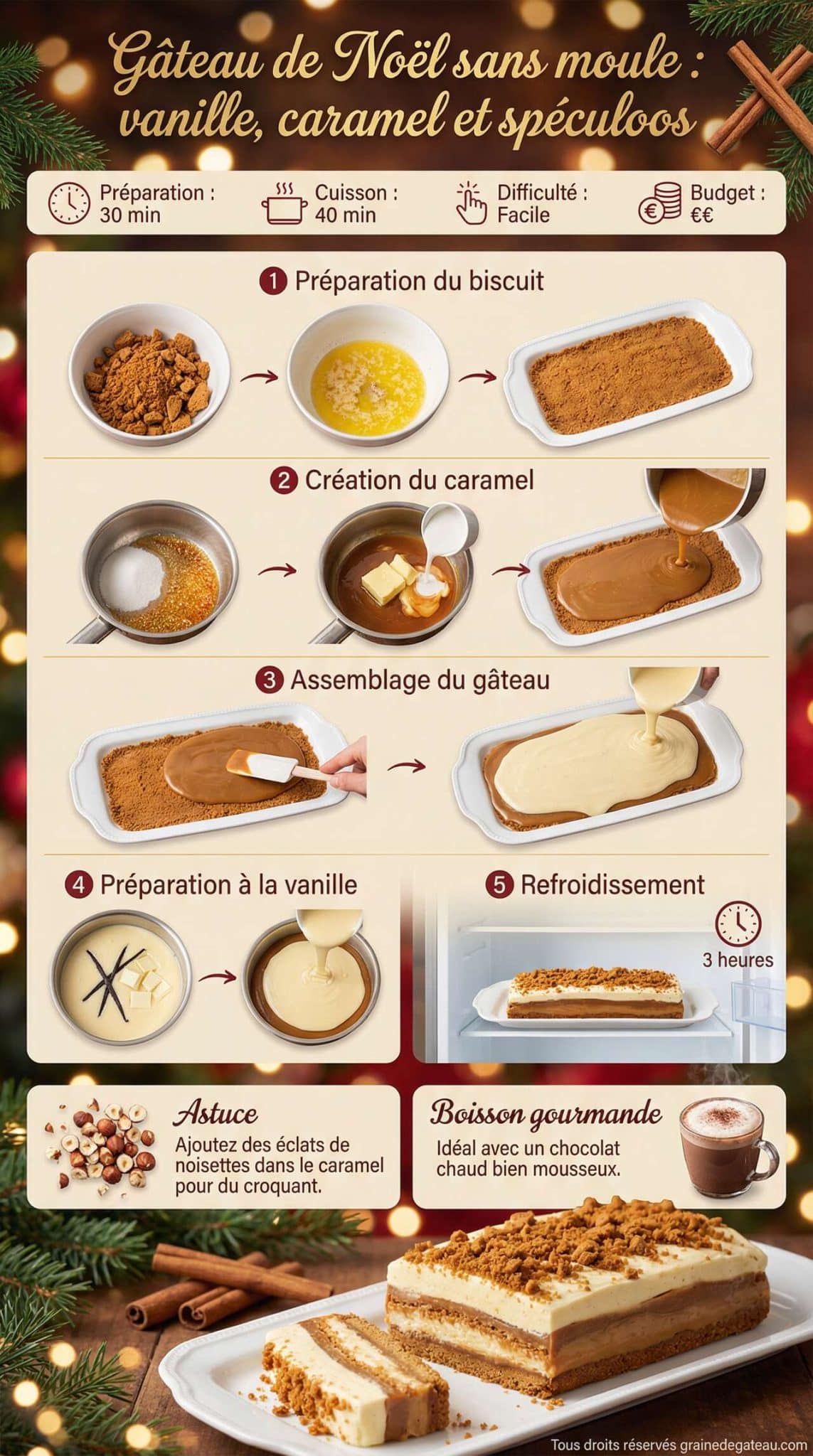 Infographie de la recette G&acirc;teau de No&euml;l sans moule : vanille, caramel et sp&eacute;culoos