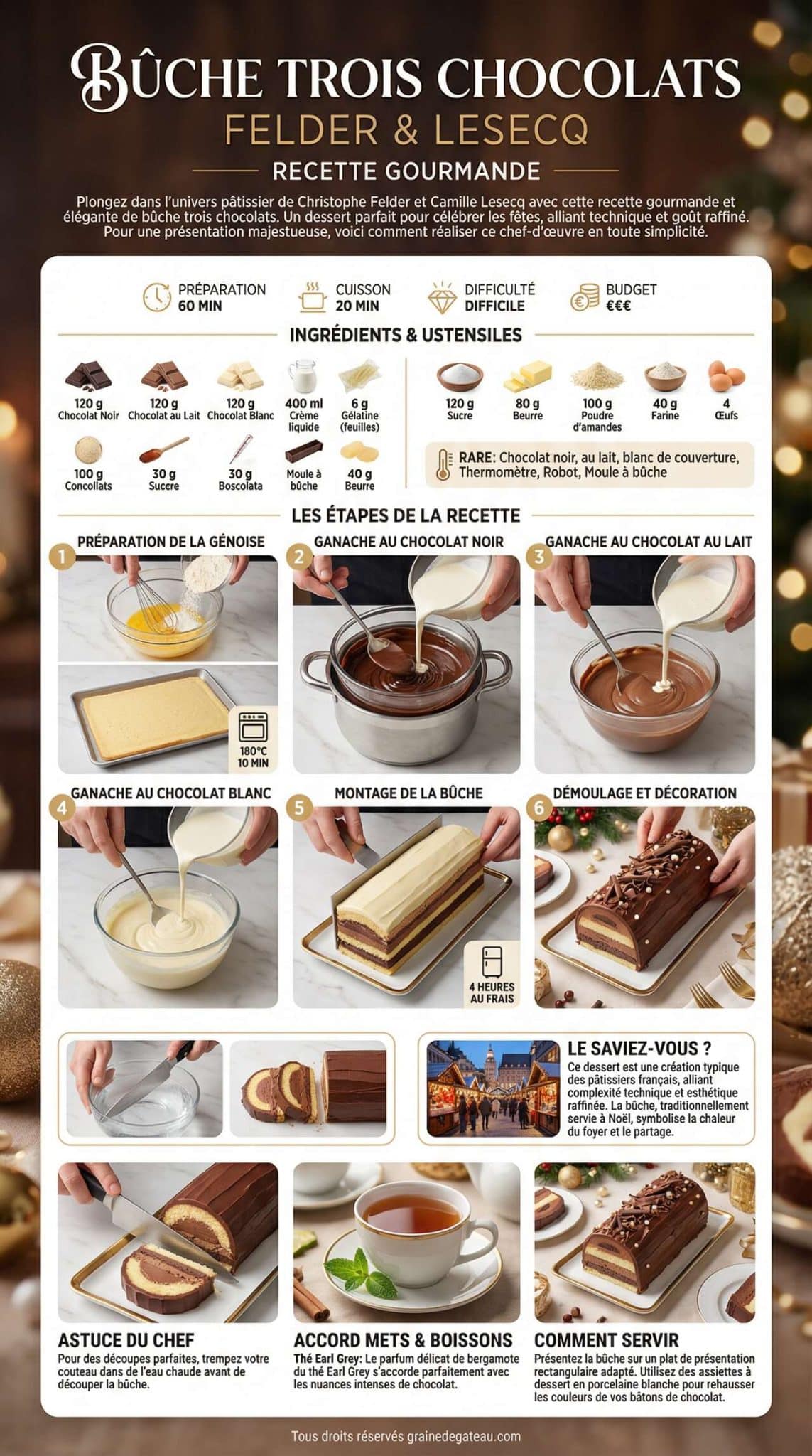 Infographie de la recette B&ucirc;che Trois Chocolats par Felder et Lesecq : recette Gourmande