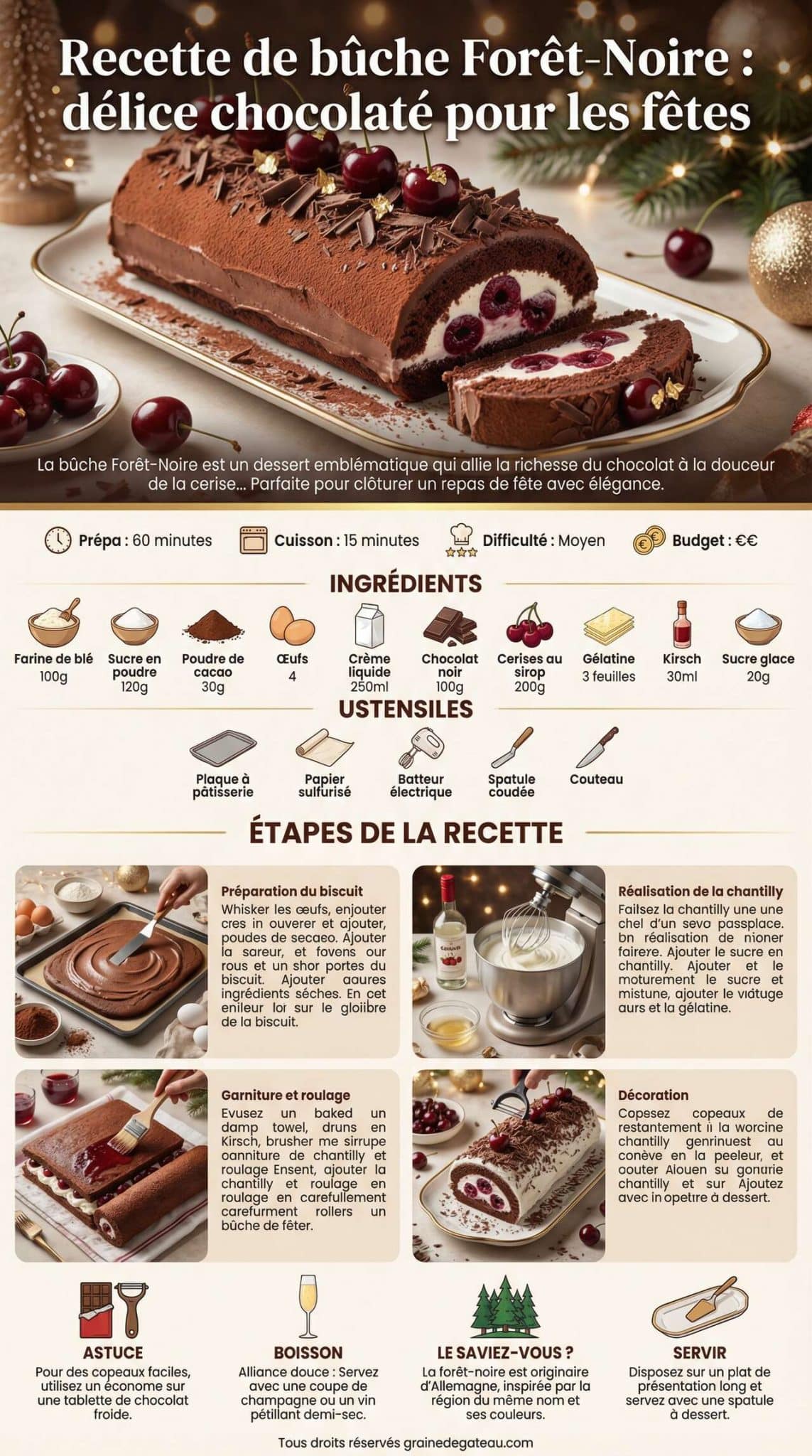 Infographie de la recette Recette de b&ucirc;che For&ecirc;t-Noire : d&eacute;lice chocolat&eacute; pour les f&ecirc;tes