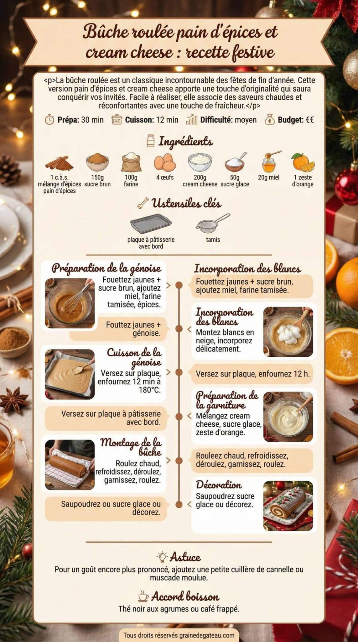Fiche recette B&ucirc;che roul&eacute;e pain d'&eacute;pices et cream cheese : recette festive
