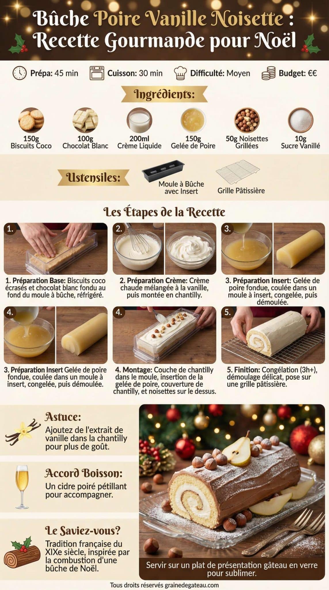 Fiche recette B&ucirc;che Poire Vanille Noisette : recette Gourmande pour No&euml;l
