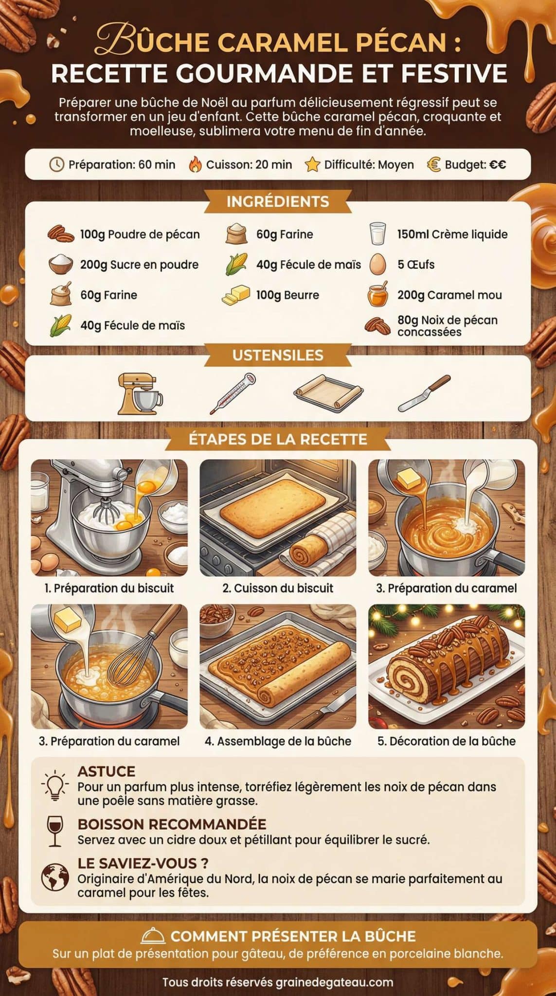 Fiche recette B&ucirc;che caramel p&eacute;can : recette gourmande et festive