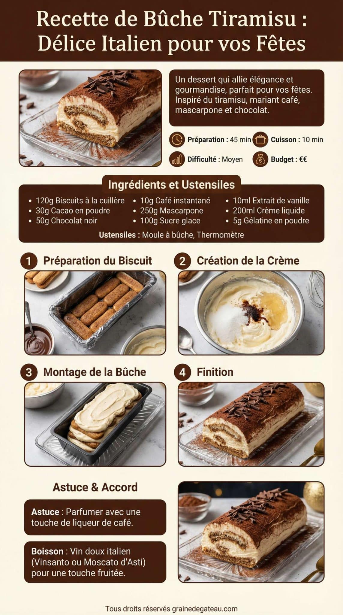 Fiche recette Recette de b&ucirc;che tiramisu : d&eacute;lice italien pour vos f&ecirc;tes