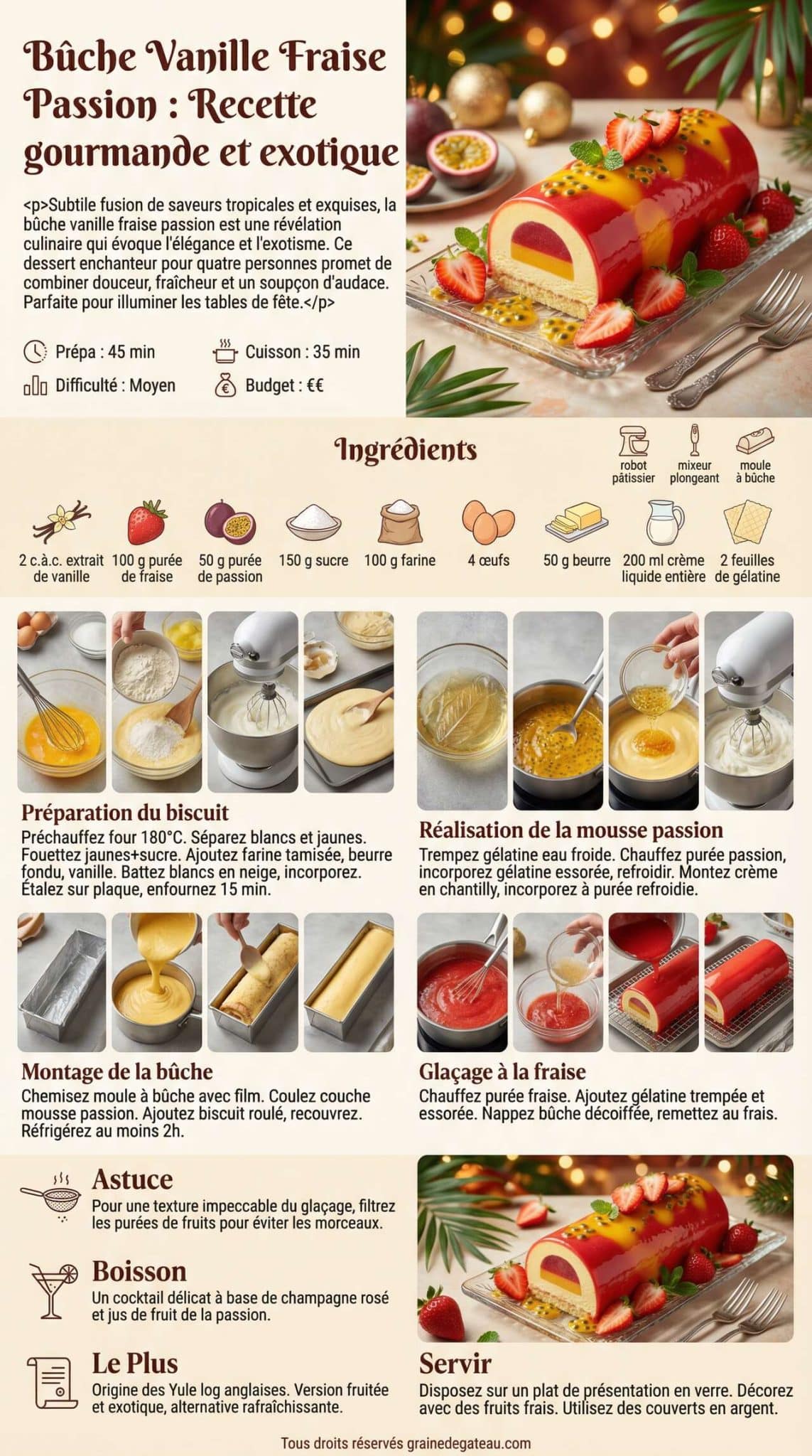 Fiche recette B&ucirc;che vanille fraise passion : recette gourmande et exotique