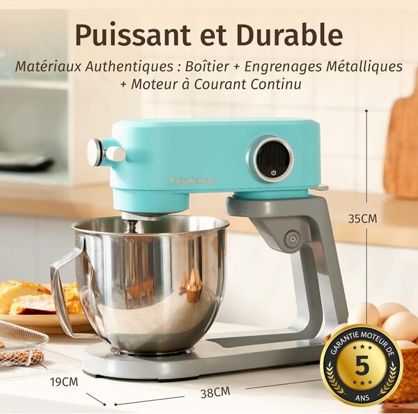 Robot Pâtissier, 5 L Robot de Cuisine Tout en Métal avec Port d’Alimentation Universel et Fonction Minuterie, Pétrin Professionnel à 8 Vitesses avec Batteur, Crochet, Fouet (Bleu)