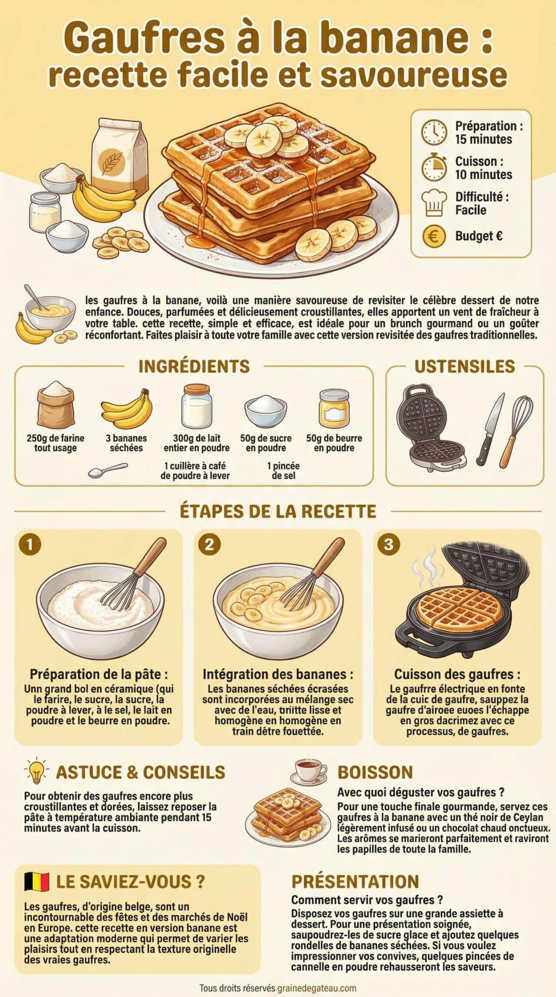 Fiche recette Gaufres &agrave; la banane : recette facile et savoureuse