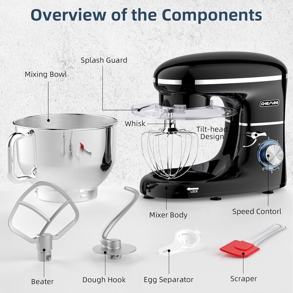 CHeflee Robot Pâtissier, 2000W Robot Pétrin, 6.2 L Robot de Cuisine Multifonction Faible Bruit avec Bol en Acier inox de,Batteur, Fouet & Crochet 6 Vitesses [Classe énergétique A+++]