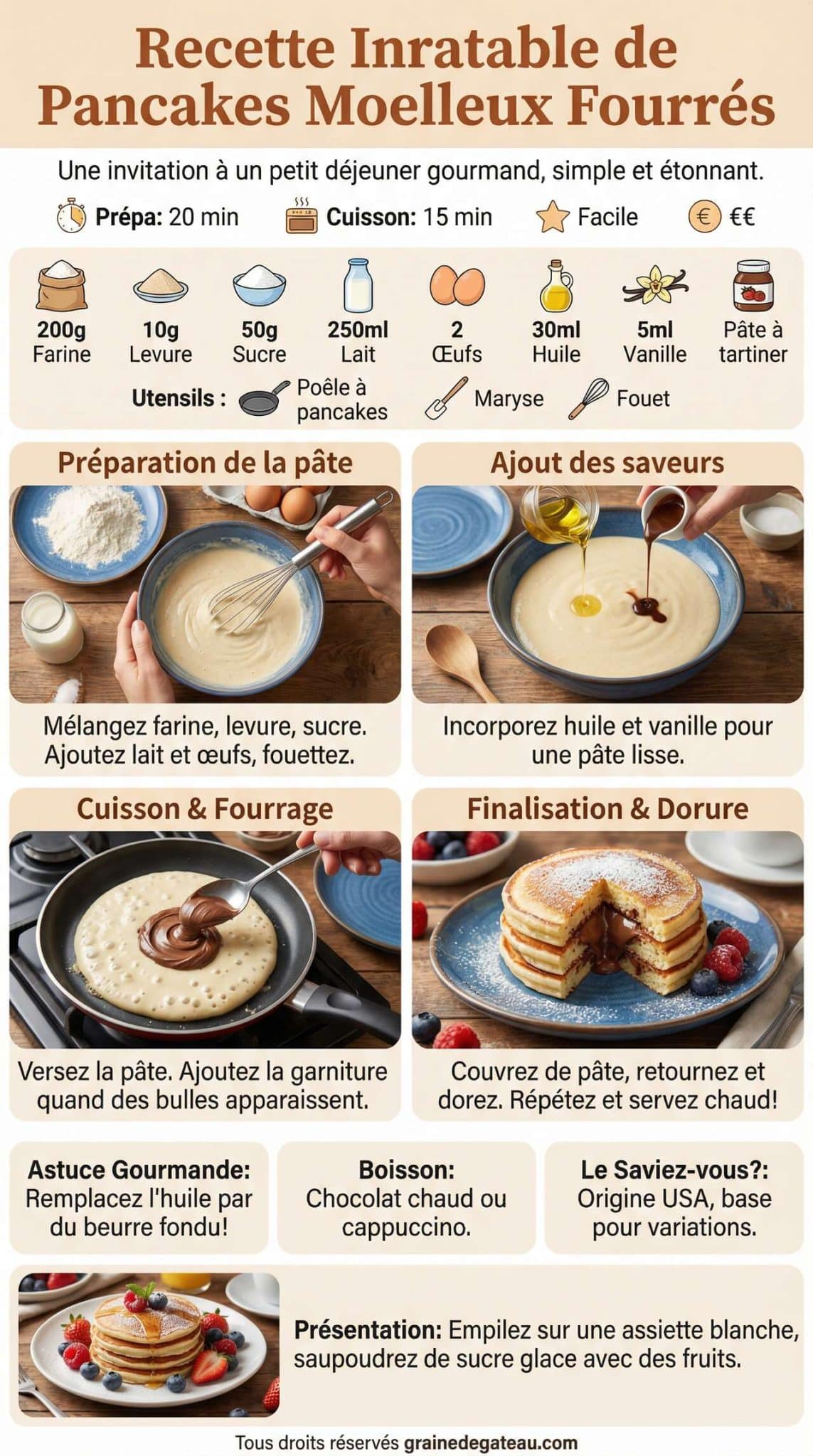 Fiche recette recette inratable de pancakes moelleux fourr&eacute;s