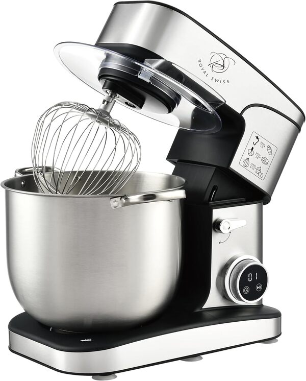 Royal Swiss® Robot Pâtissier Professionnel 2800W – Bol Inox 16L XXXXL – 12 Vitesses avec Écran LED Tactile & Minuteur – Pétrin Planétaire avec Crochet, Fouet, Batteur & Couvercle Anti-éclaboussures