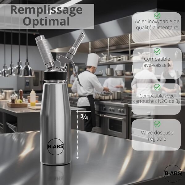 B-ARS Siphon Chantilly Acier Inoxydable 500 ML Boissons Mousses Chantilly Avec Buses Décoratives Aiguilles Accessoires Sac Nettoyage Livre Recettes Matériaux Durables Facile À Utiliser.