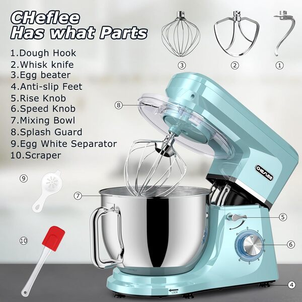 CHeflee Robot Pâtissier 2000W Robot Pétrin Professionnel 7.2 L Faible Bruit Robot de Cuisine Multifonction avec Fouet, Batteur, Crochet, Bol d'Acier Inoxydable, 6 Vitesses [Classe énergétique A+++]