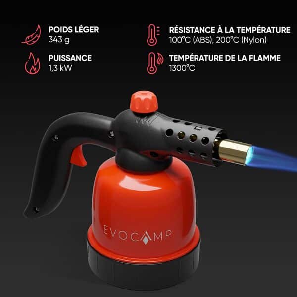 EVOCAMP Chalumeau de cuisine avec piezo, lampe à souder 1,3 kW, mini chalumeau à gaz pour bricolage, chalumeau pour barbecue, crème brûlée, allume-grill, temp. max. 1300°C