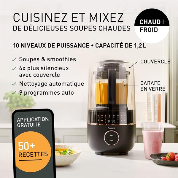 Panasonic MX-HG4401KXE Blender Chauffant, 1.2L, 800W, Chaud et Froid, 9 modes Automatiques, 10 Vitesses, Minuterie, Maintien au Chaud, Nettoyage Automatique, Noir et or Rose