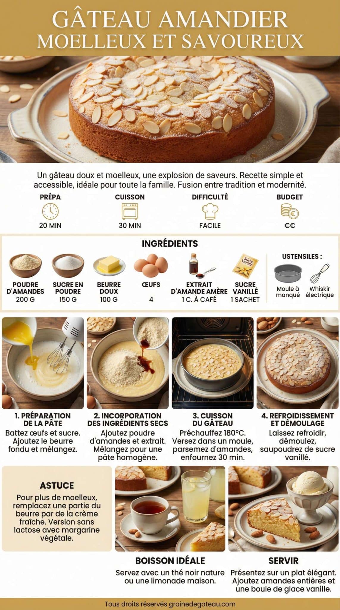Fiche recette Recette de g&acirc;teau amandier moelleux et savoureux