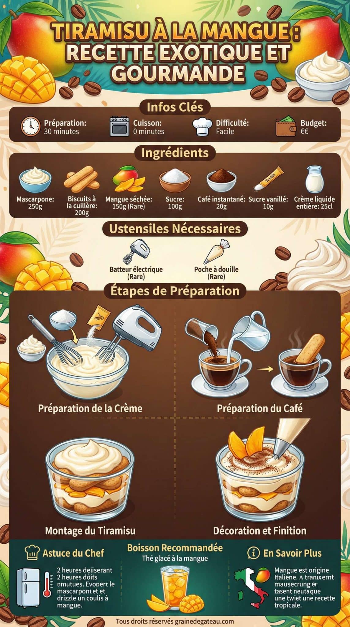 Fiche recette Tiramisu à la mangue : recette exotique et gourmande Fiche recette Tiramisu à la mangue : recette exotique et gourmande