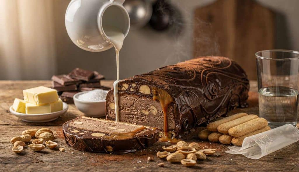 Bûche chocolat caramel cacahuètes : recette gourmande et facile