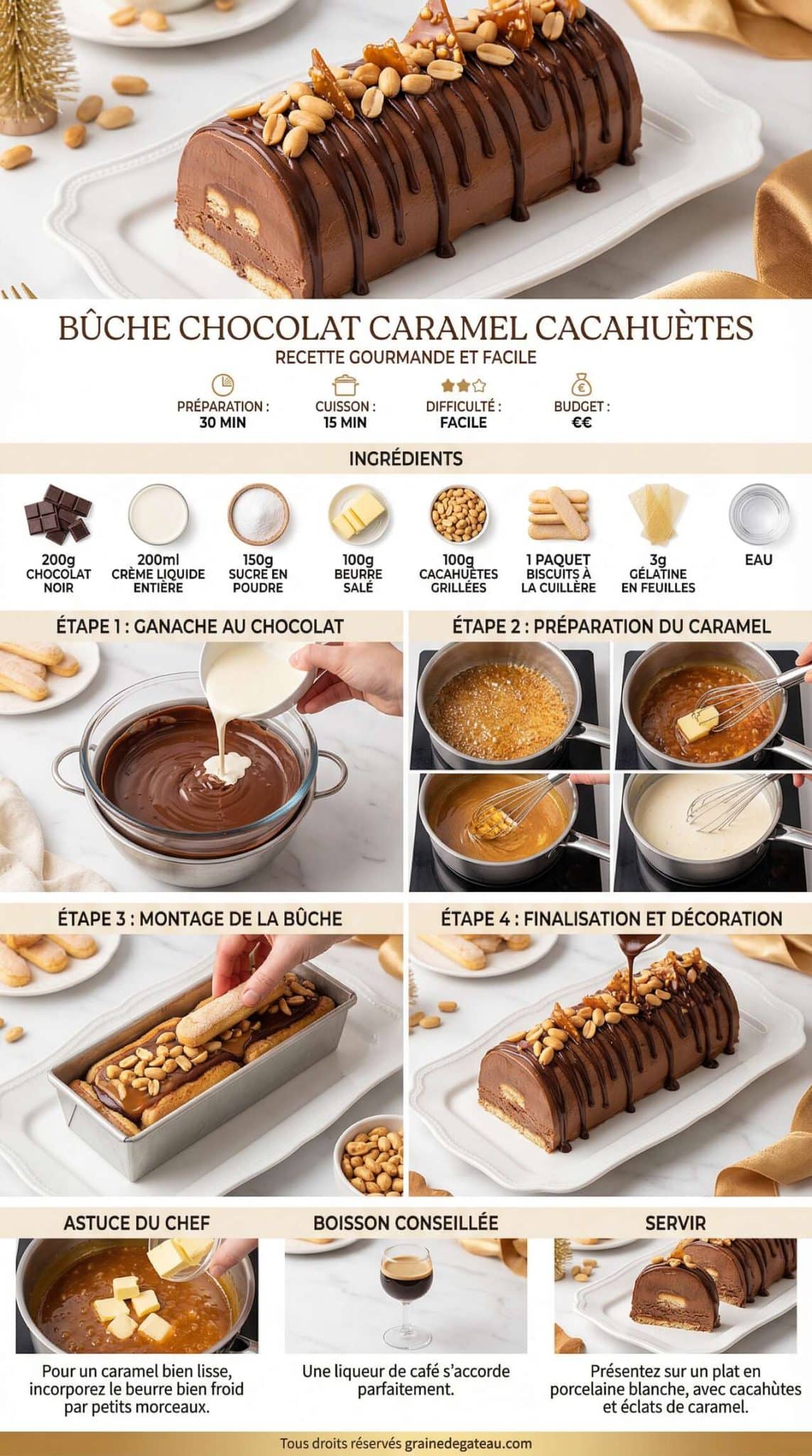 Fiche recette B&ucirc;che chocolat caramel cacahu&egrave;tes : recette gourmande et facile