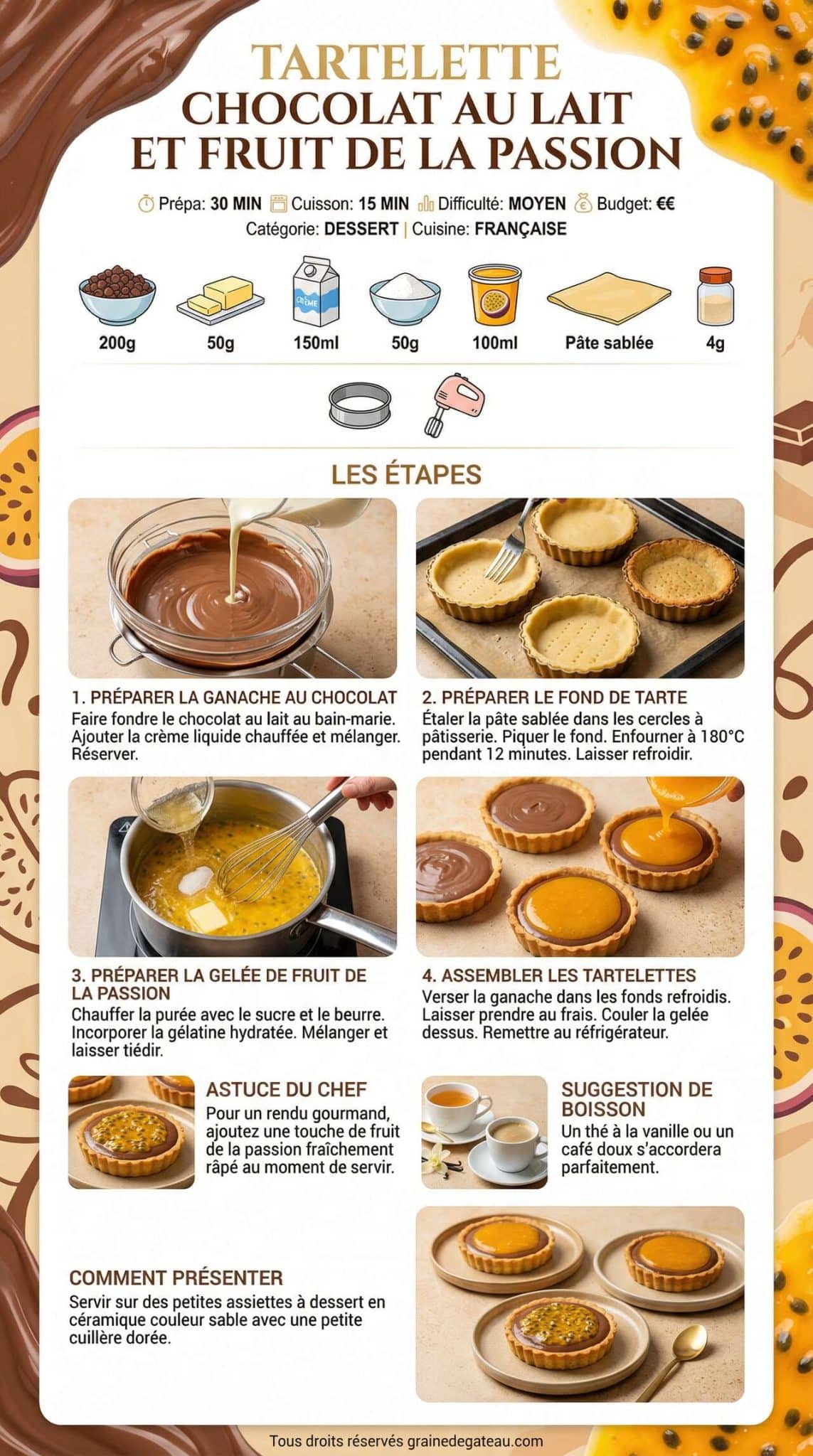 Fiche recette Tartelette Chocolat au Lait et Fruit de la Passion
