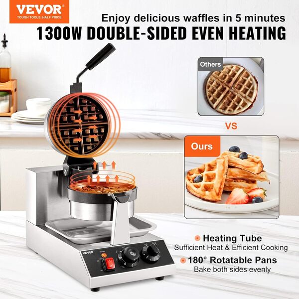 VEVOR Gaufrier Électrique 1300 W Moule 190,5x190,5x20 mm Machine à Gaufres avec Revêtement Anti-Adhésif Appareil à Croque-Monsieur 50-300 ℃ Chauffage Double-Face pour Soirée Fête Pâques ou Noël