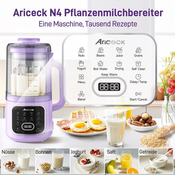N4 Machine à lait végétal professionnelle avec fonction d'auto-nettoyage – Idéale pour le lait d'amande, le lait de soja et les smoothies – 800 W – Machine à lait végétal sans BPA