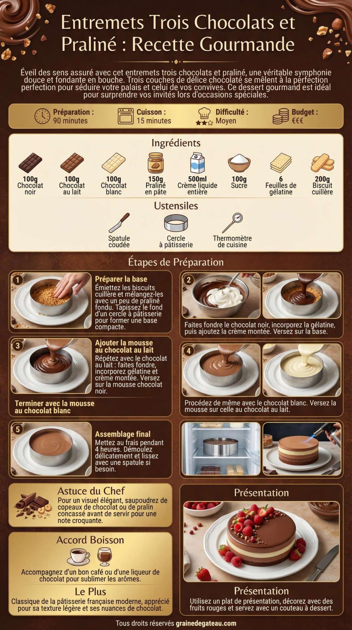 Fiche recette Entremets Trois Chocolats et Pralin&eacute; : recette Gourmande