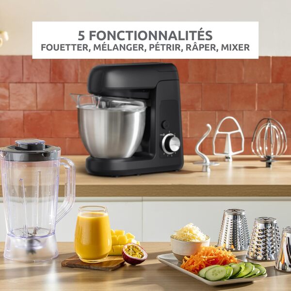 Moulinex Bake Partner, Robot pâtissier, Puissance 1100 W, Bol inox 4,6L, Batteur, Fouet, Pétrin, Blender, Découpe-légumes, Résultat homogène, Noir, QA522810