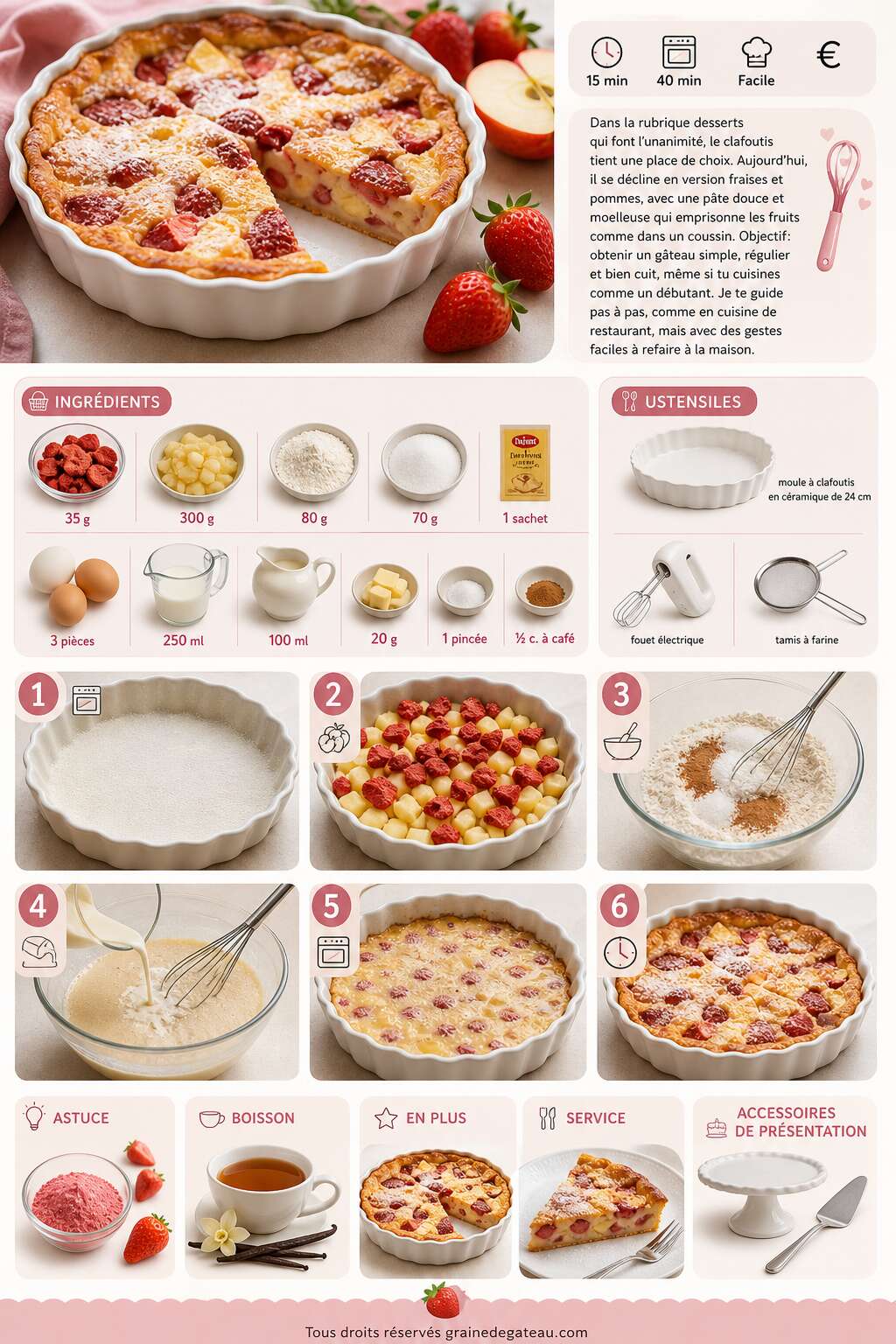 Fiche recette Recette clafoutis fraises et pommes : un d&eacute;lice &agrave; d&eacute;guster !