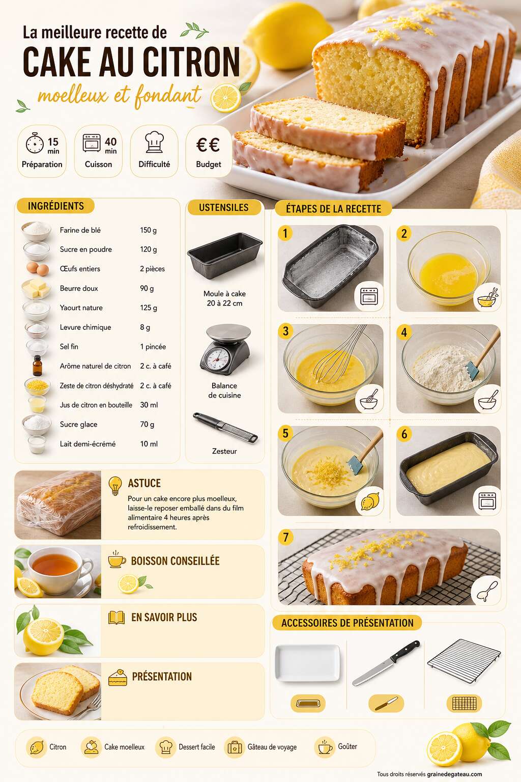 Fiche recette La meilleure recette de cake au citron moelleux et fondant Fiche recette La meilleure recette de cake au citron moelleux et fondant