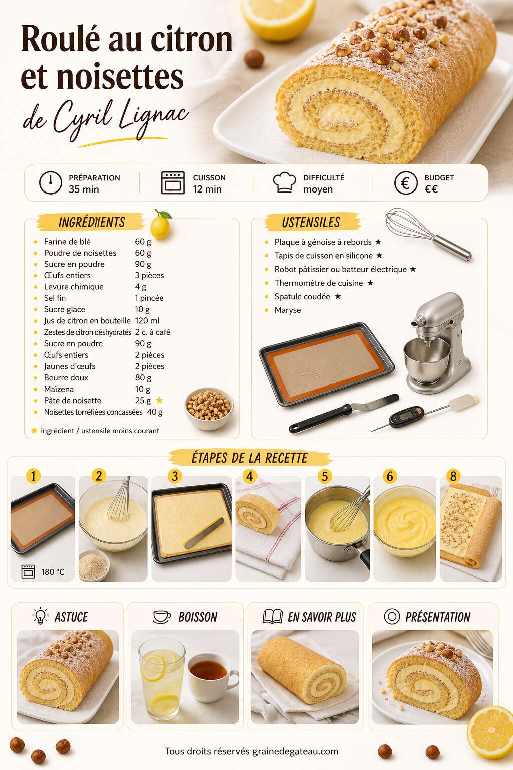 Fiche recette Roulé au citron et noisettes de Cyril Lignac Fiche recette Roulé au citron et noisettes de Cyril Lignac