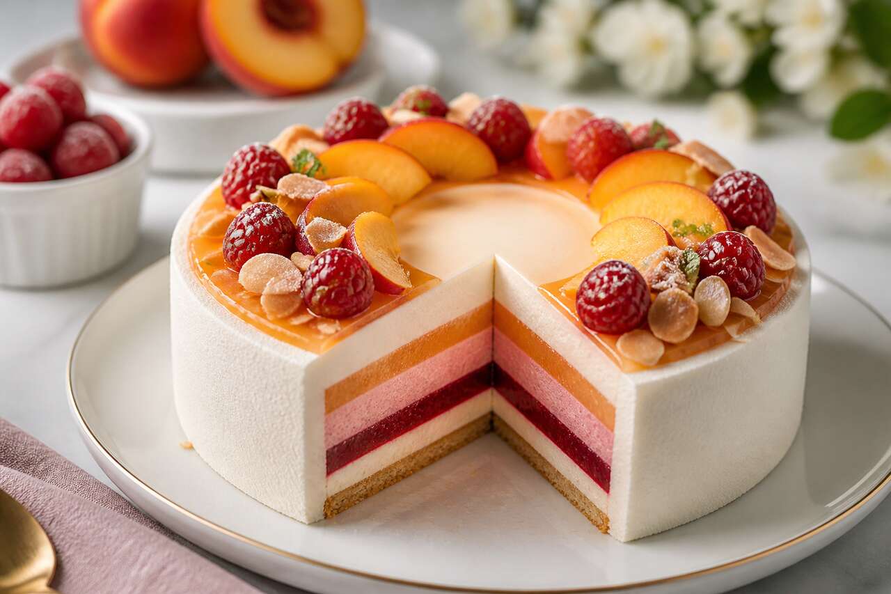 Recette d'entremets pêche Melba : pêche, framboise et vanille