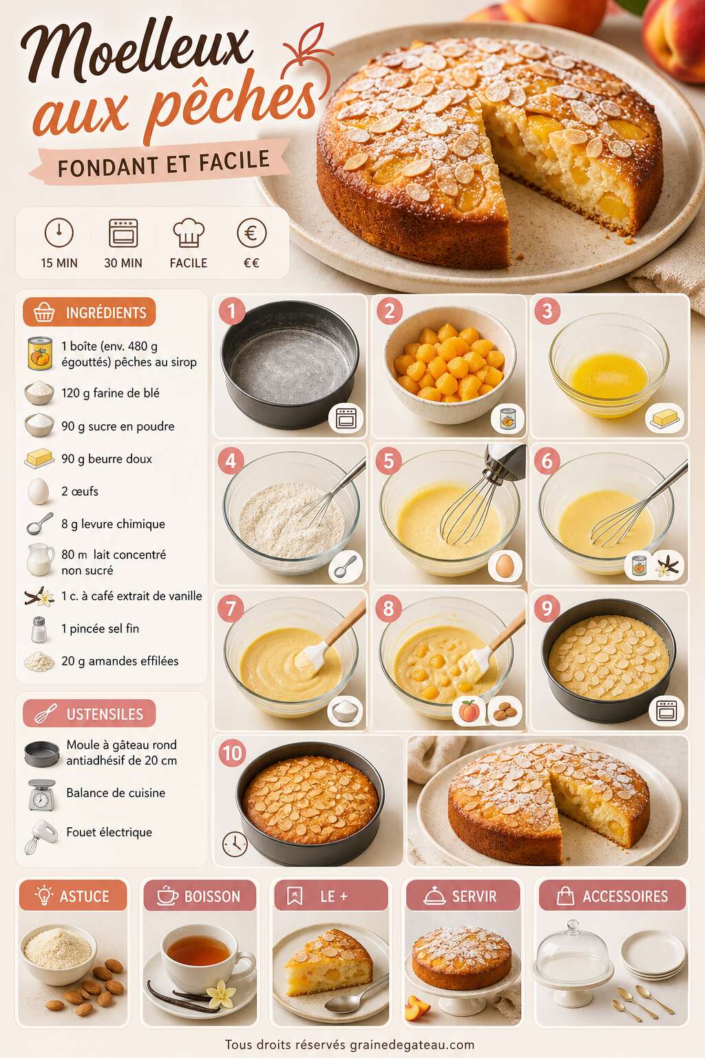 Fiche recette Recette du moelleux aux p&ecirc;ches fondant et facile