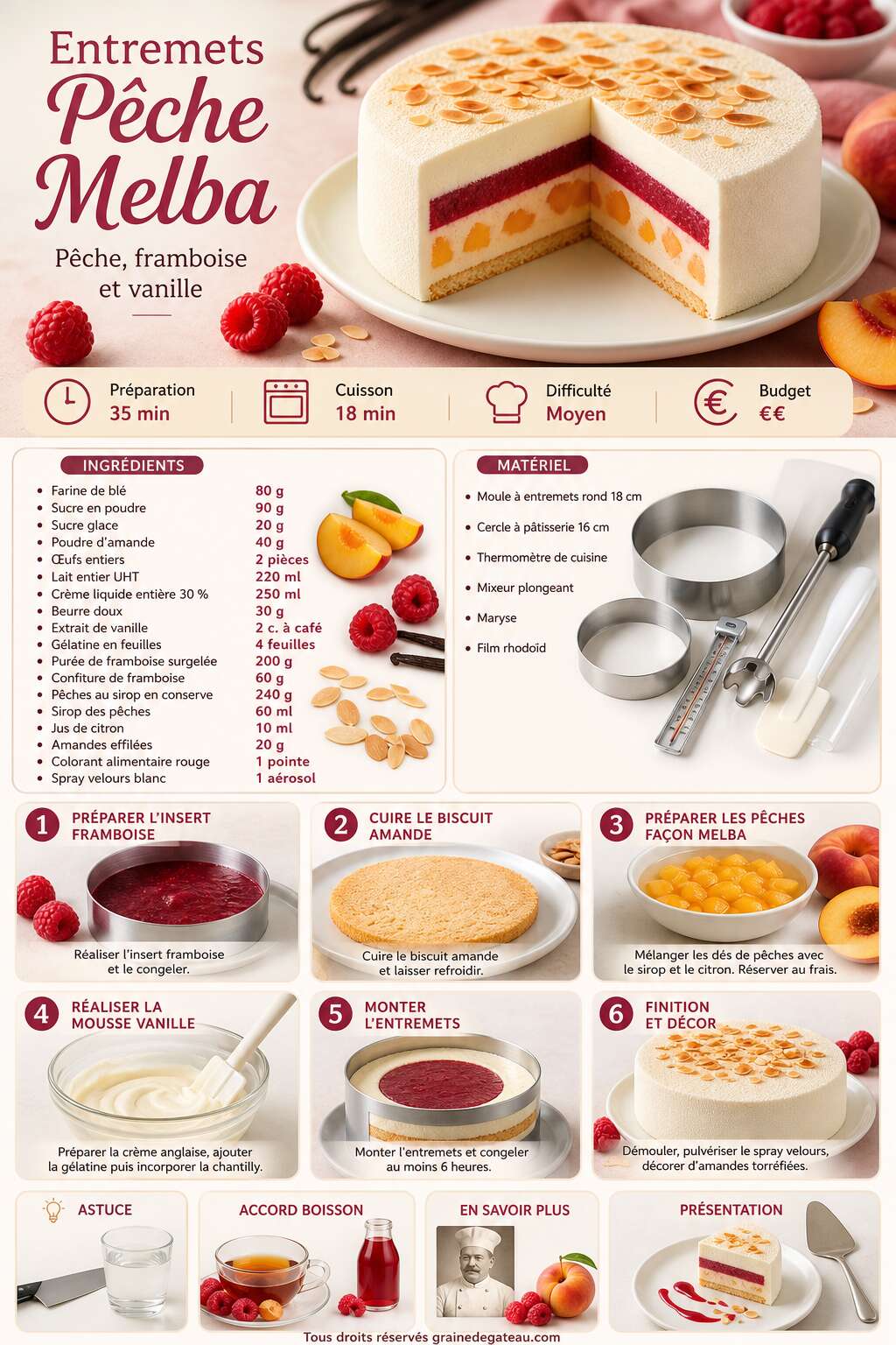 Fiche recette Recette d'entremets pêche Melba : pêche, framboise et vanille Fiche recette Recette d'entremets pêche Melba : pêche, framboise et vanille