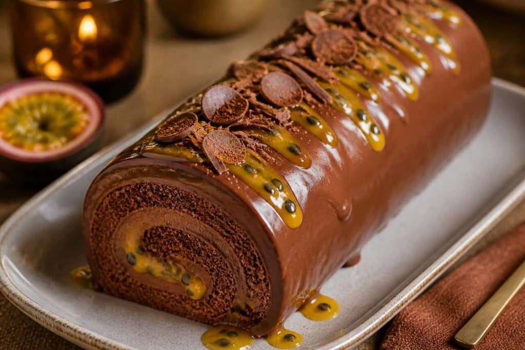 Recette de bûche au chocolat au lait et fruit de la passion