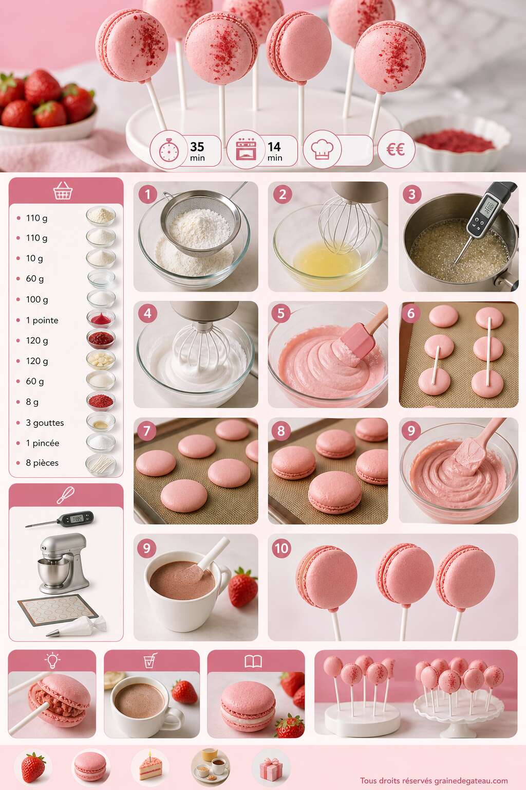 Fiche recette Recette de macarons sucettes à la fraise Fiche recette Recette de macarons sucettes à la fraise