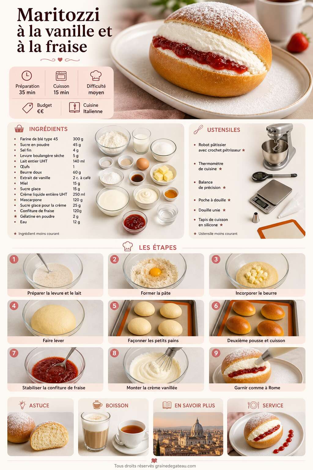 Fiche recette Recette de maritozzi à la vanille et à la fraise Fiche recette Recette de maritozzi à la vanille et à la fraise