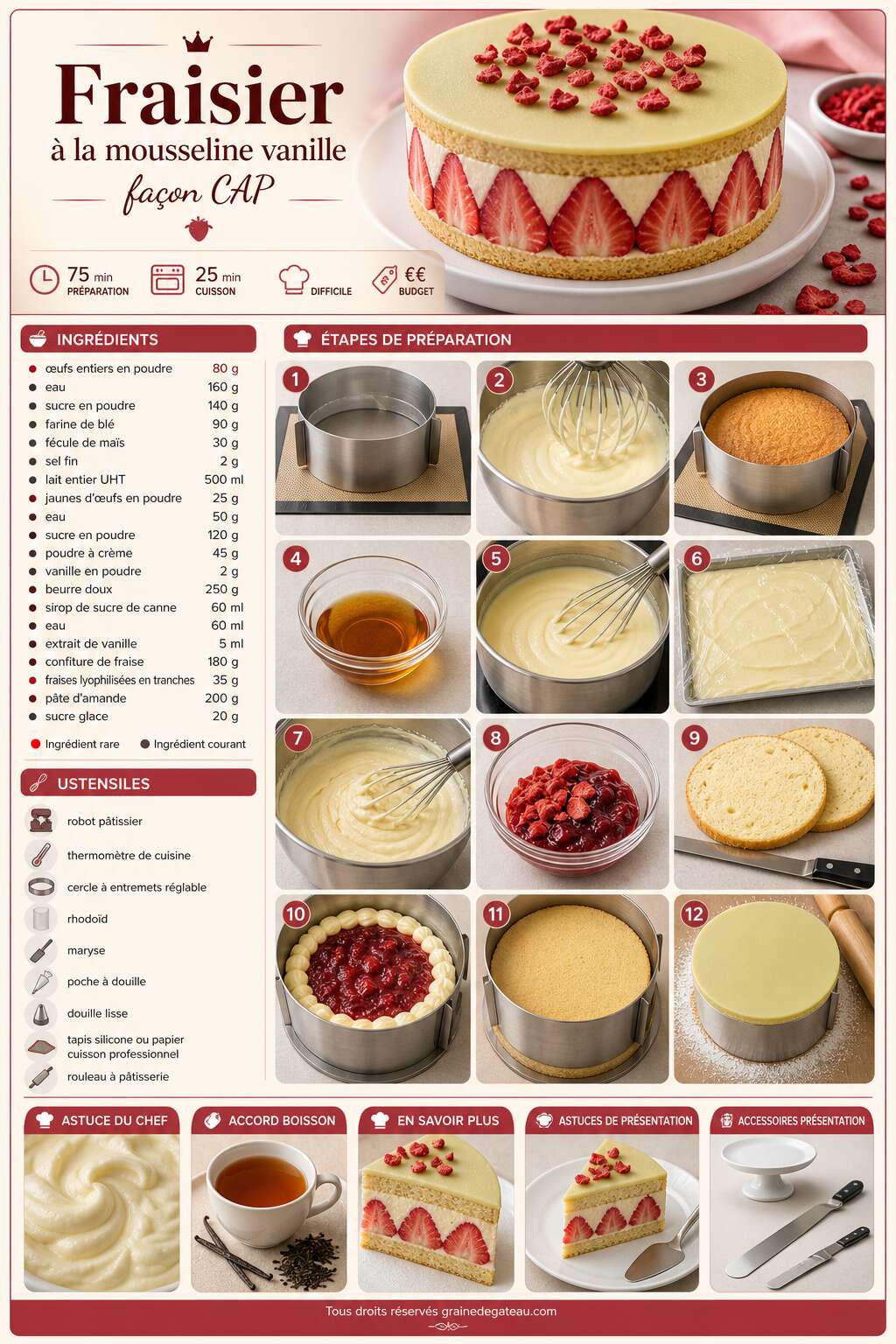 Fiche recette Recette du fraisier à la mousseline vanille façon CAP Fiche recette Recette du fraisier à la mousseline vanille façon CAP