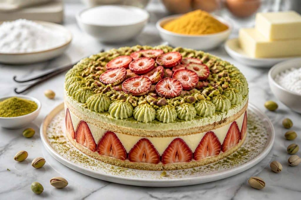 Recette du fraisier à la crème mousseline pistache